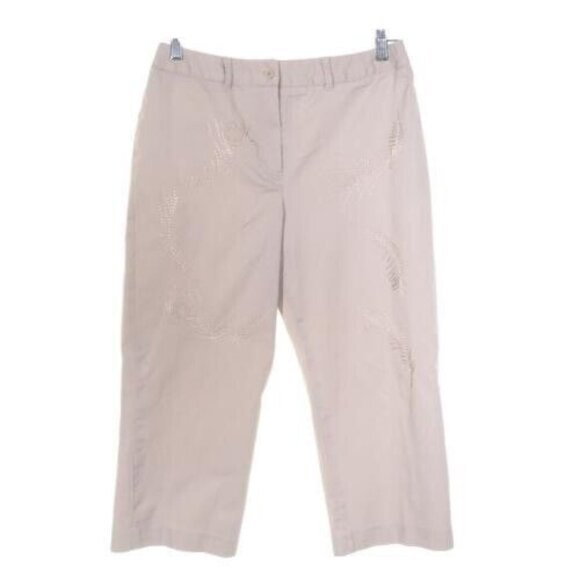 Larry Levine Womens Cropped Pants 8P Tan Khaki Empbroidered Stretchy - Picture 1 of 9